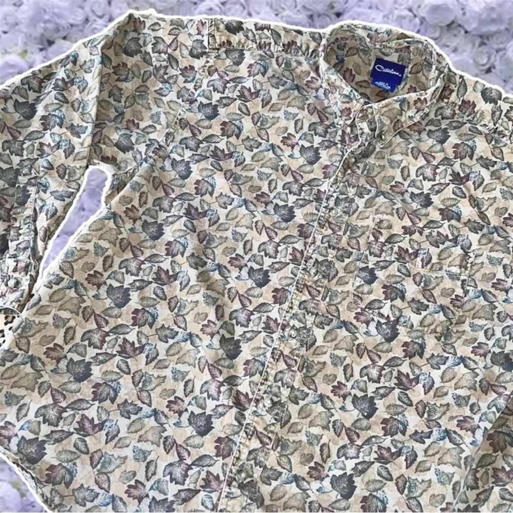 Vintage XL Shirt Leaves Allover Print Long Sleeved Button Down Collared Top Fall